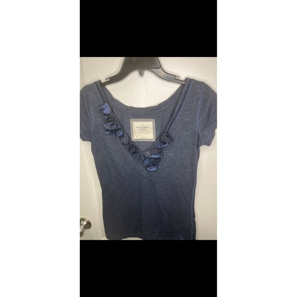 Abercrombie & Fitch‎ Womens Top Blue Heathered Ruffle V Neck Short Sleeve M